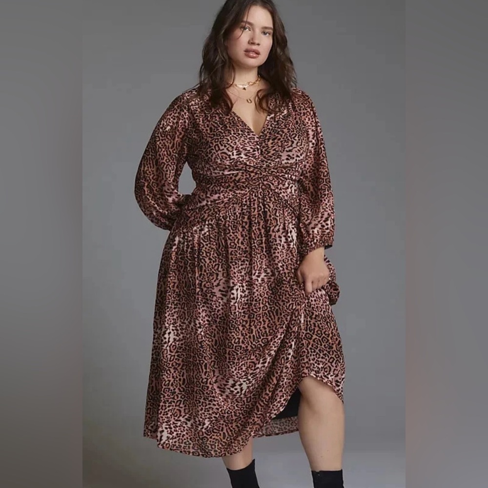 Anthropologie Ranna Gill Animal Print Cut Out Midi Dress 1X Mob Wife Glam Edgy